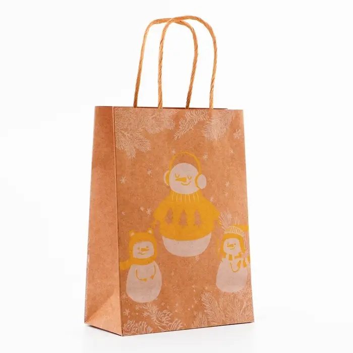Пакет крафт с золотым тиснением, «Снеговик» круглая ручка, 15×21×8 см, 120 г Пакет крафт с золотым тиснением, «Снеговик» круглая ручка, 15×21×8 см, 120 г