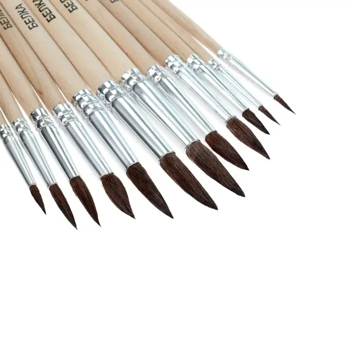 Набор кистей для рисования, белка, 12 штук: № 1, 2, 3, 4, 5, 6, 7, 8, 9, 10, 11, 12, круглые, деревянная ручка, международный размер