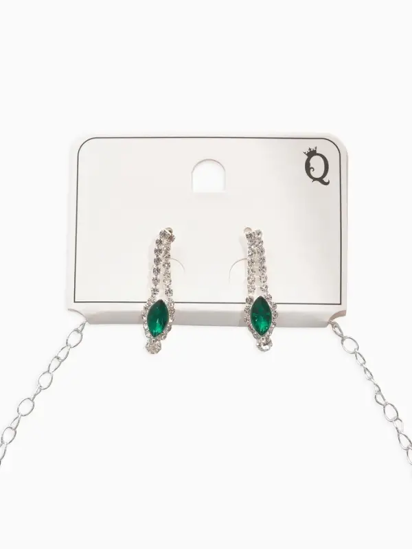 Набор 2 предмета: серьги, колье &laquo;Листопад&raquo;, утончённый ромб, цвет бело-изумрудный в серебре, 32 см