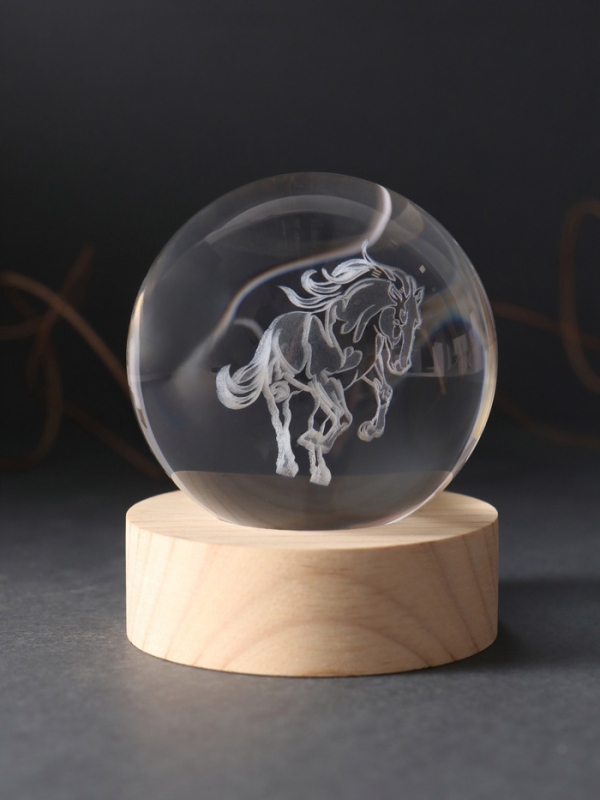Сувенир стекло подсветка "Шар. Конь" d=6 см подставка дерево, USB