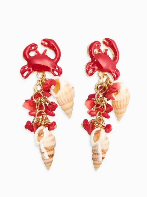 Серьги &laquo;Морской мир&raquo;, краб с ракушками, красные в золоте