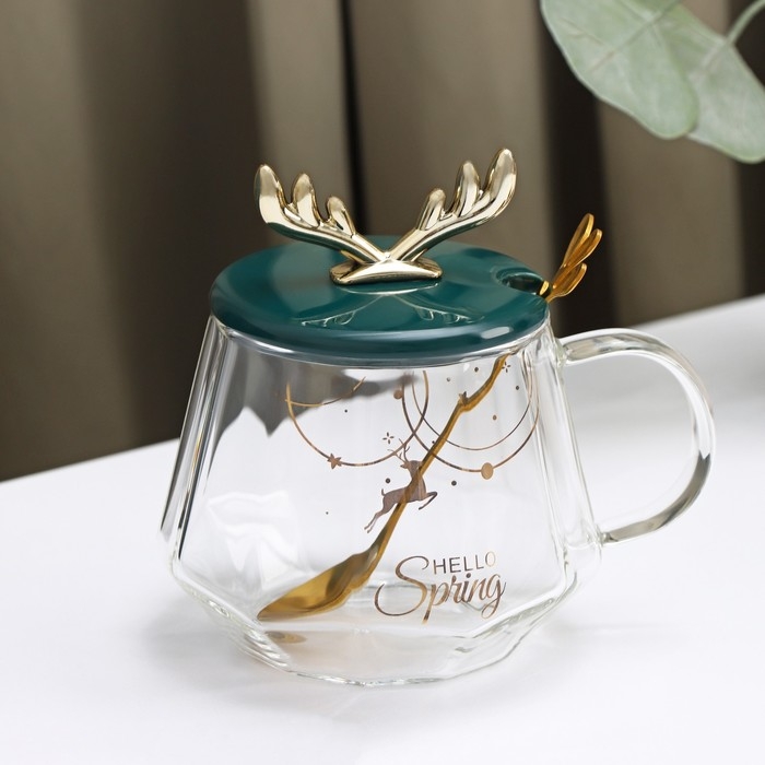 Кружка стеклянная с керамической крышкой и ложкой «Бэмби», 350 мл, рисунок МИКС Кружка стеклянная с керамической крышкой и ложкой «Бэмби», 350 мл, рисунок МИКС