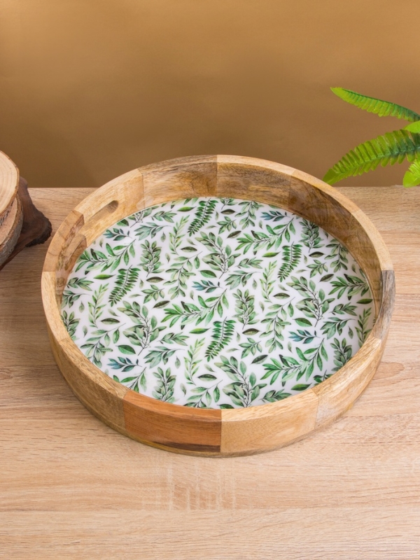 Поднос круглый с бортиками "Оливковая ветвь" дерево манго 35х35х6,5 см