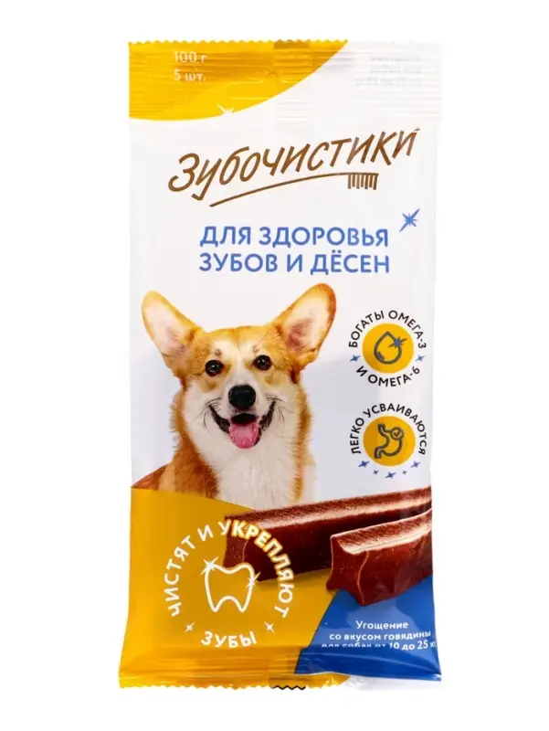 Зубочистики Жевательные палочки для собак средних пород со вкусом говядины, 100гр Зубочистики Жевательные палочки для собак средних пород со вкусом говядины, 100гр