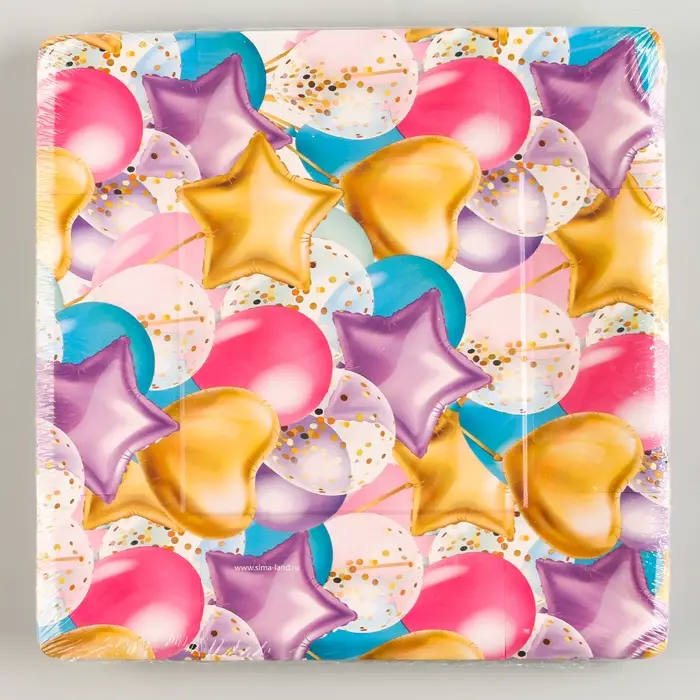 Тарелка одноразовая бумажная квадратная Тарелка одноразовая бумажная квадратная "С днём рождения" шары