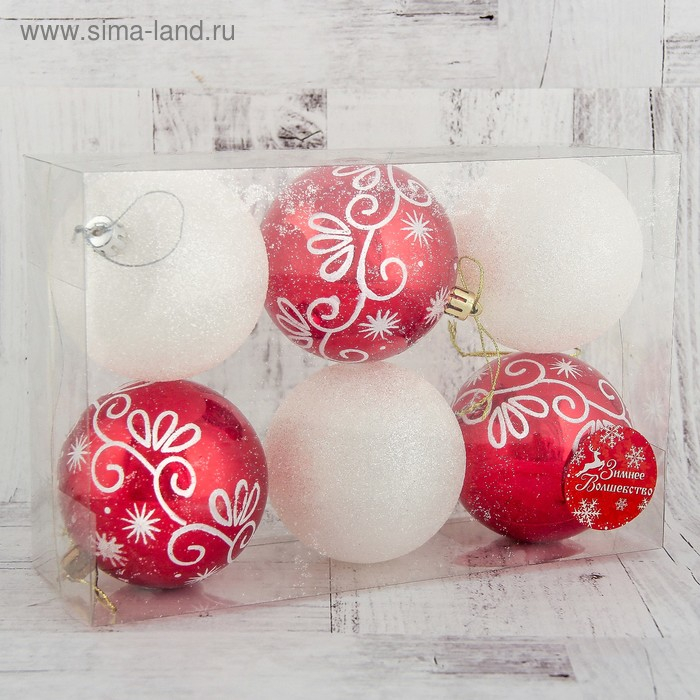 Набор шаров пластик d-8 см, 6 шт Набор шаров пластик d-8 см, 6 шт "Изящный узор" красно-белый