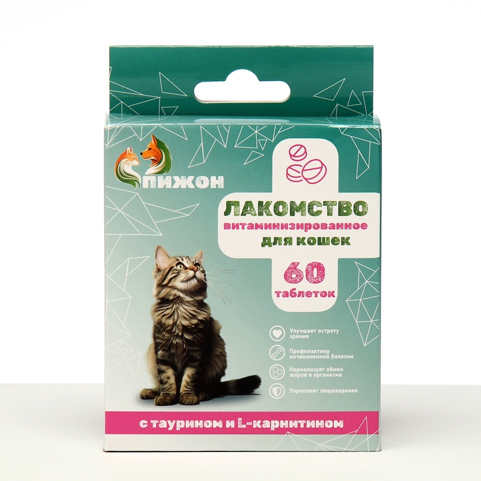 Лакомства  Лакомства "Пижон" для кошек, с таурином и L-карнитином, 60 табл.