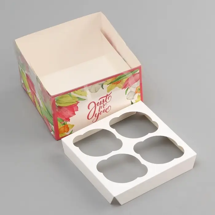 Коробка для 4 капкейка с прозрачной крышкой, &laquo;Тюльпаны&raquo;, 16&times;16&times;10 см