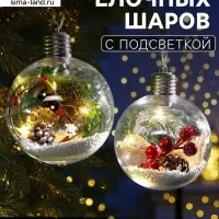 Набор ёлочных шаров &laquo;Ветка ели и ягоды&raquo;, 2 шт., d=10 см, 5 LED, от батареек, свечение тёплое белое