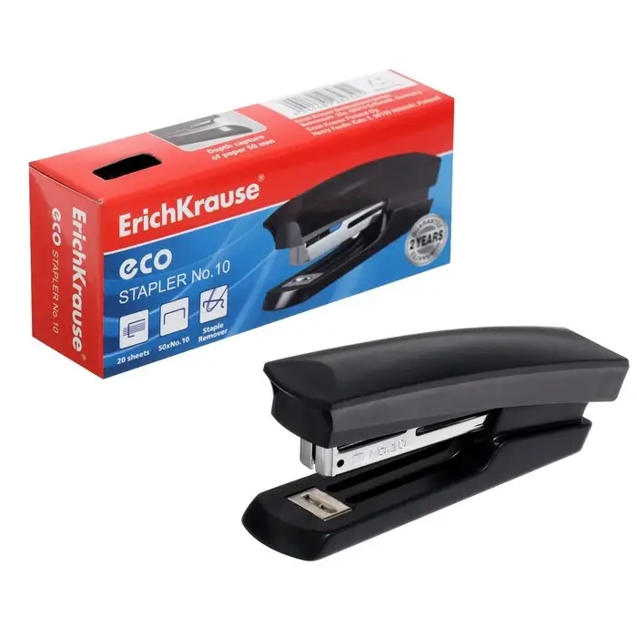 Степлер канцелярский № 10, ErichKrause ECO, до 20 листов, встроенный антистеплер, МИКС