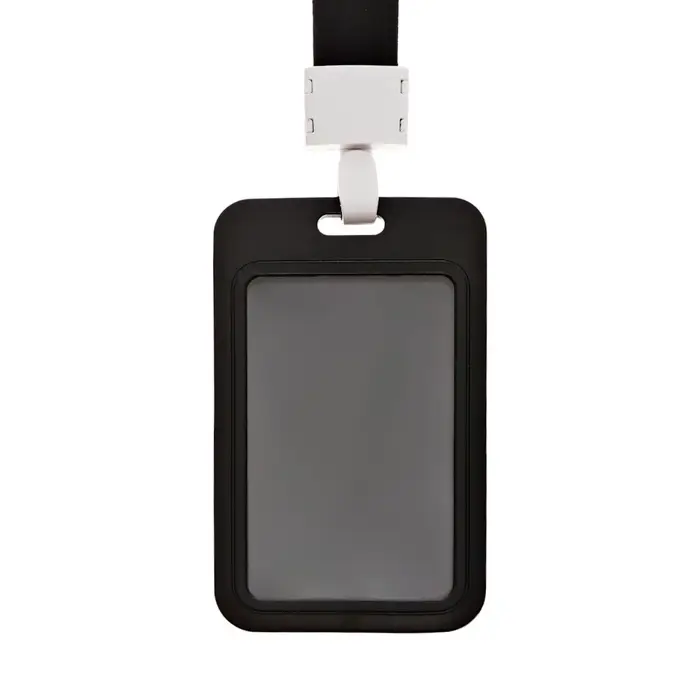 Бейдж вертикальный, внешний размер 11&times;7 см, внутренний размер 8.2&times;5.2 см, лента 42 см, чёрный