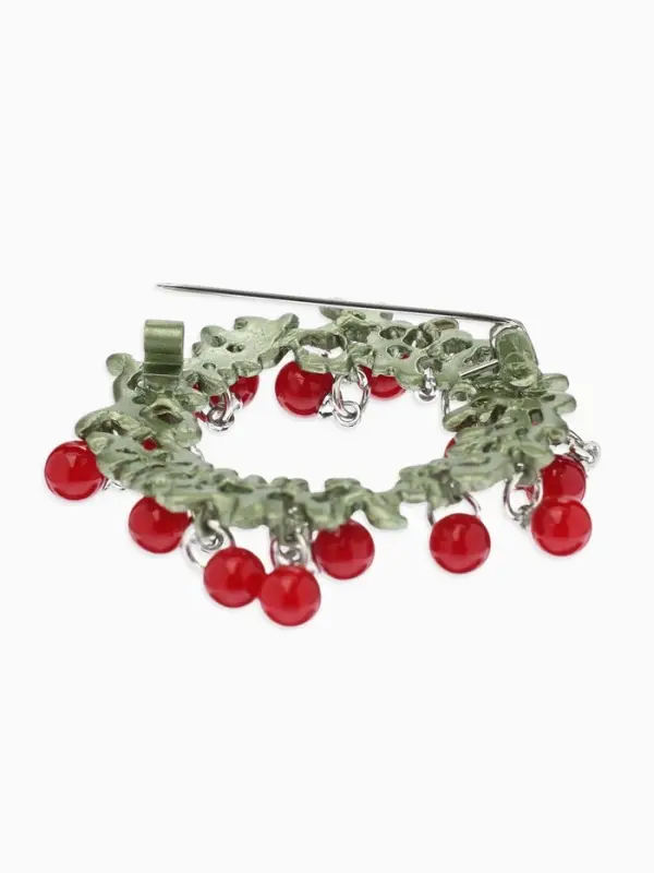 Брошь &laquo;Венок&raquo;, брусничный, красно-зелёная в серебре