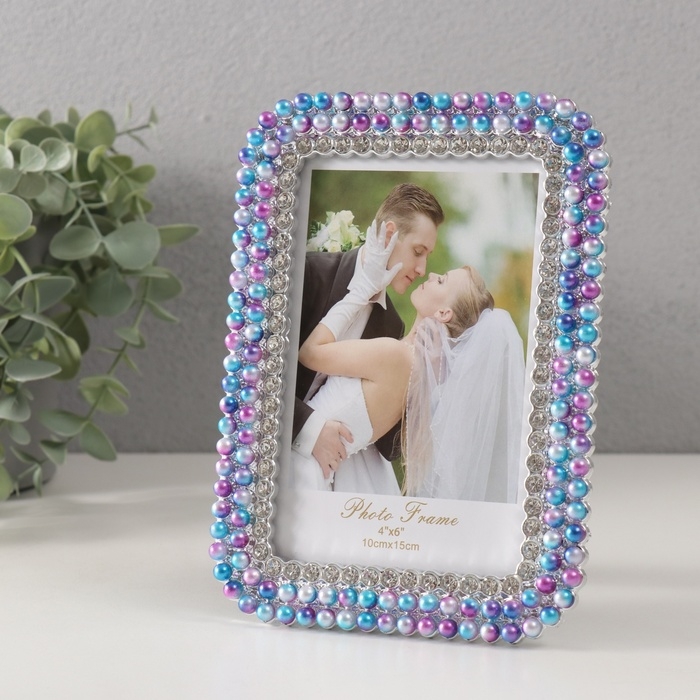 Фоторамка пластик 10х15 см Фоторамка пластик 10х15 см "Сирево-голубой жемчуг стразы" закруглённые углы 1,8х12,5х17,5 см 10527