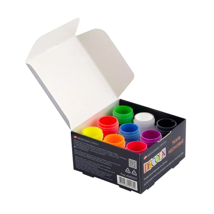 Краска по ткани, набор 9 цветов х 20 мл, ЗХК Decola, Neon, неоновые цвета, акриловая на водной основе, (41412017) Краска по ткани, набор 9 цветов х 20 мл, ЗХК Decola, Neon, неоновые цвета, акриловая на водной основе, (41412017)