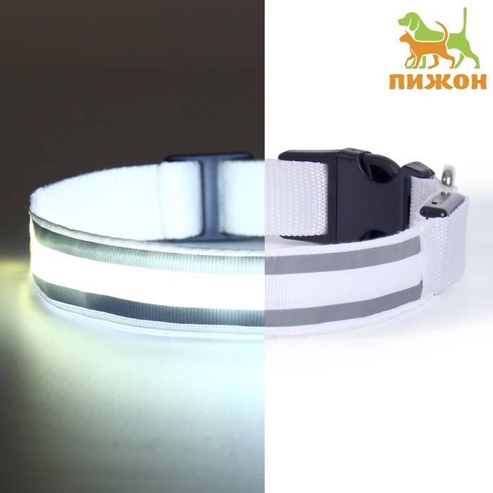 Ошейник с подсветкой Двойная полоса размер XL, ОШ 52-60 х 2,5 см, 3 режима свечения белый Ошейник с подсветкой Двойная полоса размер XL, ОШ 52-60 х 2,5 см, 3 режима свечения белый