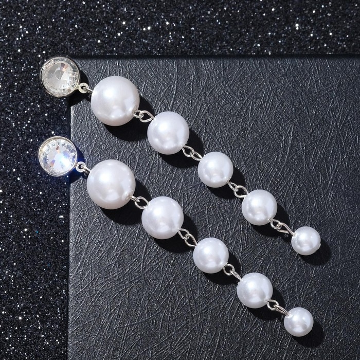 Серьги висячие «Жемчуг» страза в огранке, цвет белый в серебре, 8 см Серьги висячие «Жемчуг» страза в огранке, цвет белый в серебре, 8 см