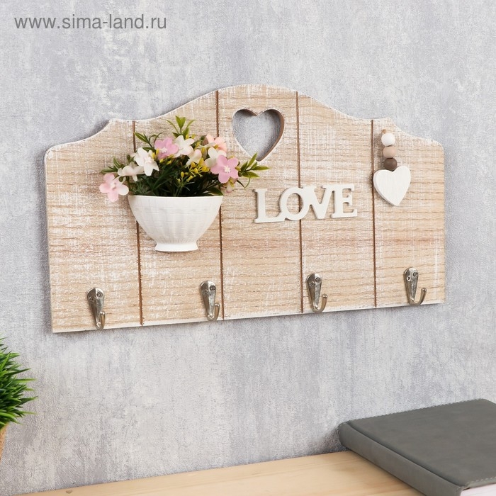 Крючки декоративные дерево Крючки декоративные дерево "Вазон с цветами с сердечком" 19,5х35х3,5 см