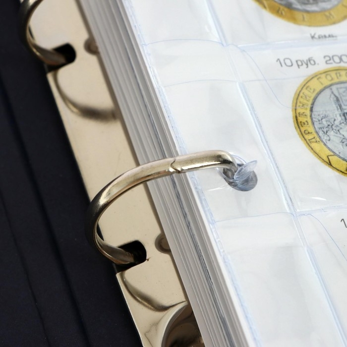 Альбом для монет на кольцах 225 х 265 мм, "Памятные монеты РФ", обложка ламинированный картон, 13 листов и 13 цветных картонных вставок