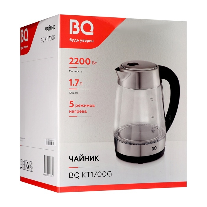 Чайник электрический BQ KT1700G, стекло, 1.7 л, 2200 Вт, чёрно-серебристый Чайник электрический BQ KT1700G, стекло, 1.7 л, 2200 Вт, чёрно-серебристый