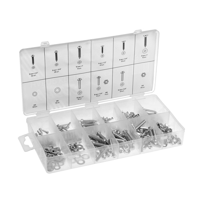 Набор саморезов, винтов, гаек и шайб ТУНДРА krep, 347 предметов Набор саморезов, винтов, гаек и шайб ТУНДРА krep, 347 предметов