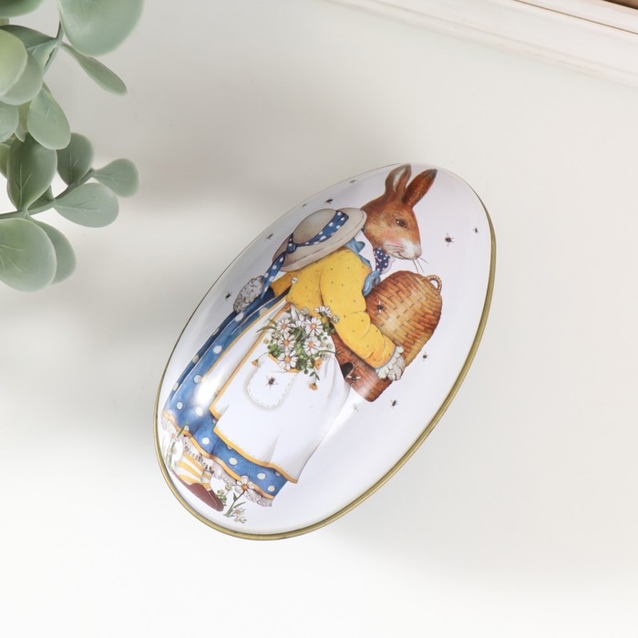 Шкатулка металл яйцо  Шкатулка металл яйцо "Зайка с улеем и ромашками" 6х6,7х11 см