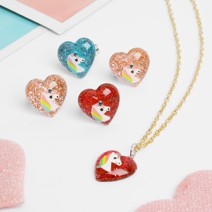 Набор детский «Выбражулька» 5 предметов: кулон, 4 кольца, единороги в сердечках, цвет МИКС Набор детский «Выбражулька» 5 предметов: кулон, 4 кольца, единороги в сердечках, цвет МИКС