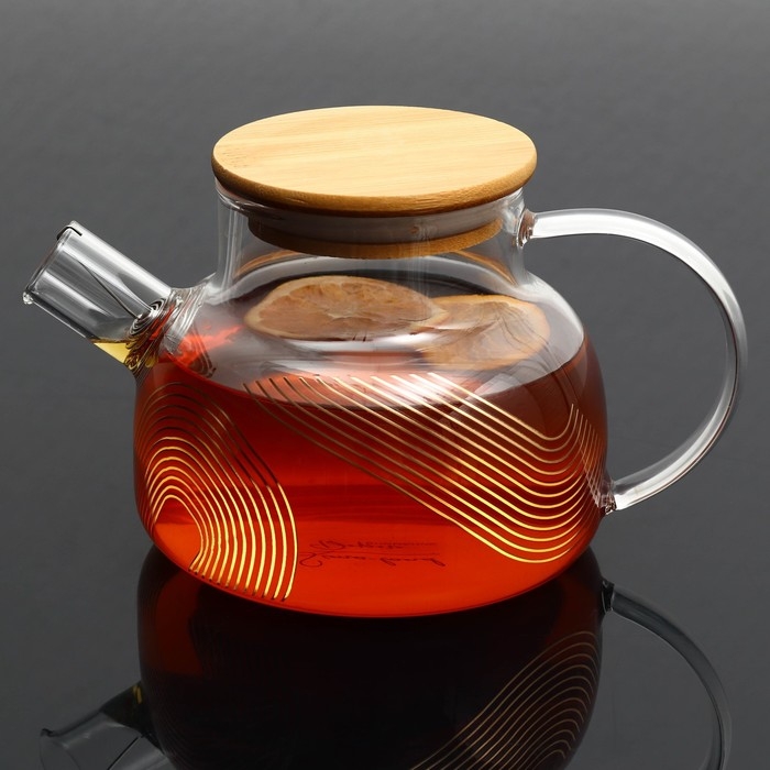 Чайник стеклянный заварочный с бамбуковой крышкой «Геометрия», 800 мл Чайник стеклянный заварочный с бамбуковой крышкой «Геометрия», 800 мл