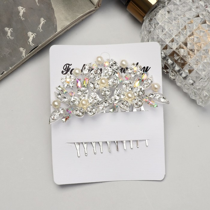 Гребень для волос  Гребень для волос "Сафьян" цветы, 7х8 см, серебро