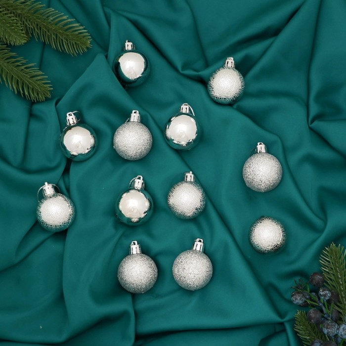 Набор шаров пластик d-4 см, 12 шт Набор шаров пластик d-4 см, 12 шт "Анданте" серебро