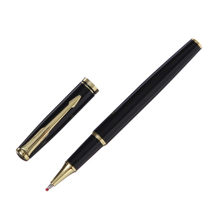 Ручка подарочная роллер в кожзам футляре, корпус черный, золото Ручка подарочная роллер в кожзам футляре, корпус черный, золото