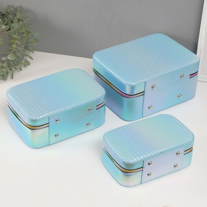 Шкатулка кожзам с зеркалом Шкатулка кожзам с зеркалом "Плетение" голубая н-р 3 шт 19,4х12,5х8 22х16х9 11,5х24,5х18,5 см