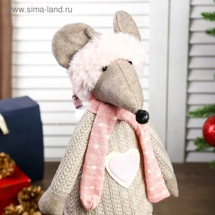 Кукла интерьерная Кукла интерьерная "Мышка в бежевом свитере и розовой юбочке" 62х14х16 см