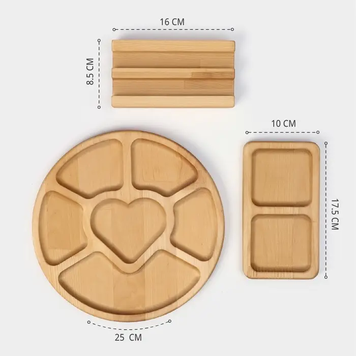 Набор менажниц Adelica, 6 секций, 2 секции, подставка, масло в подарок, дерево берёза, бежевый
