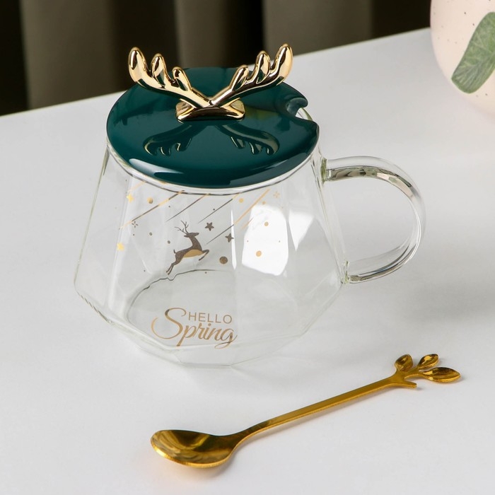 Кружка стеклянная с керамической крышкой и ложкой «Бэмби», 350 мл, рисунок МИКС Кружка стеклянная с керамической крышкой и ложкой «Бэмби», 350 мл, рисунок МИКС