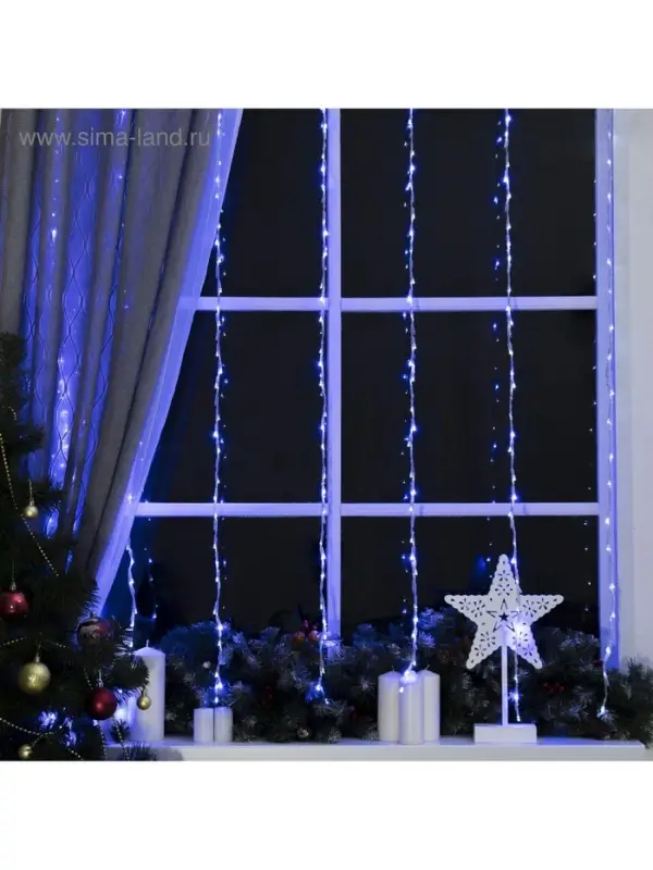 Гирлянда &laquo;Водопад&raquo; 2&times;1.5 м, IP20, прозрачная нить, 400 LED, свечение белое/синее, 8 режимов, 220 В