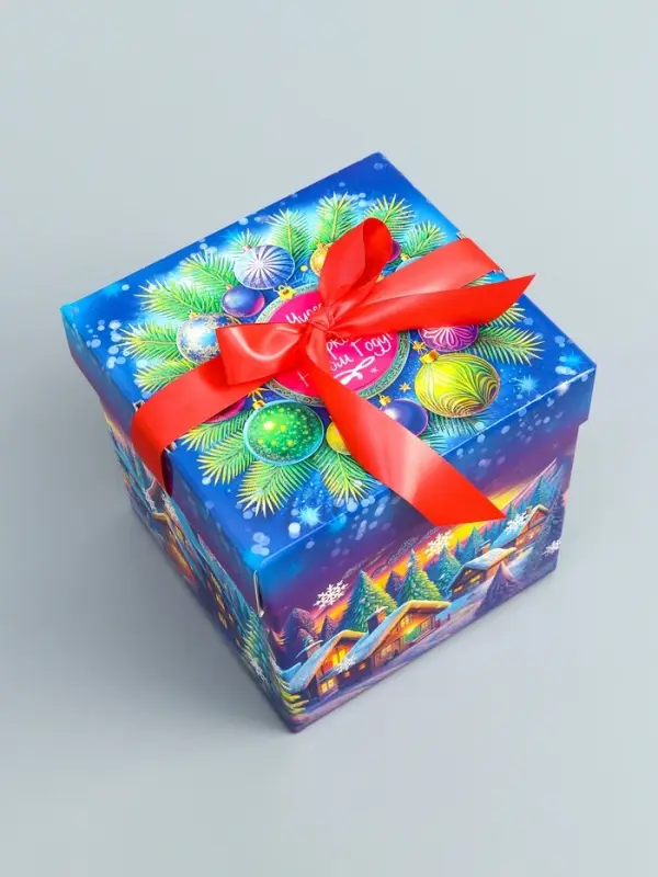 Подарочная новогодняя коробка крышка-дно с атласной лентой 17×17×17 см Подарочная новогодняя коробка крышка-дно с атласной лентой 17×17×17 см