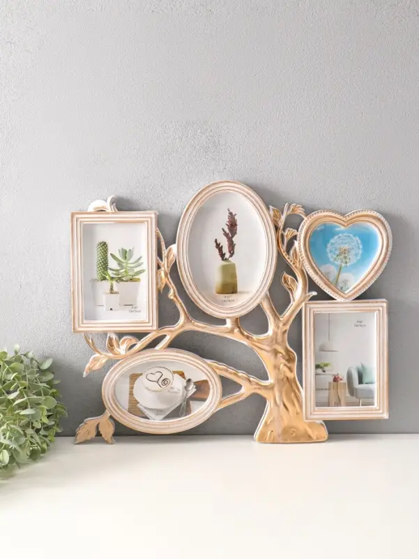 Фоторамка пластик на 5 фото 10х15, 13х13, 13х18 "Старое дерево" белая с золотом 46,5х37,5 см   10962