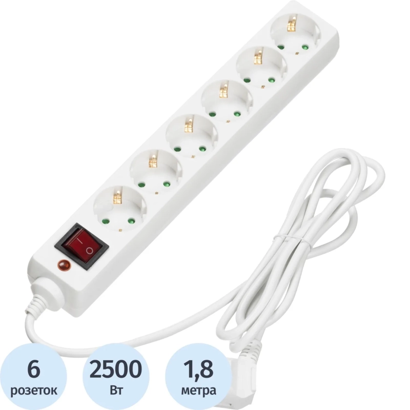 Сетевой фильтр BigTech CD6-1,8W1 (6р/1,8м/10А/2500Вт 1мм 2500Вт)