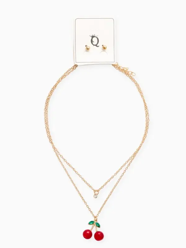 Набор 2 предмета: пуссеты, кулон &laquo;Вишенка со стразинкой&raquo;, 50+40 см, d=4, красный в золоте