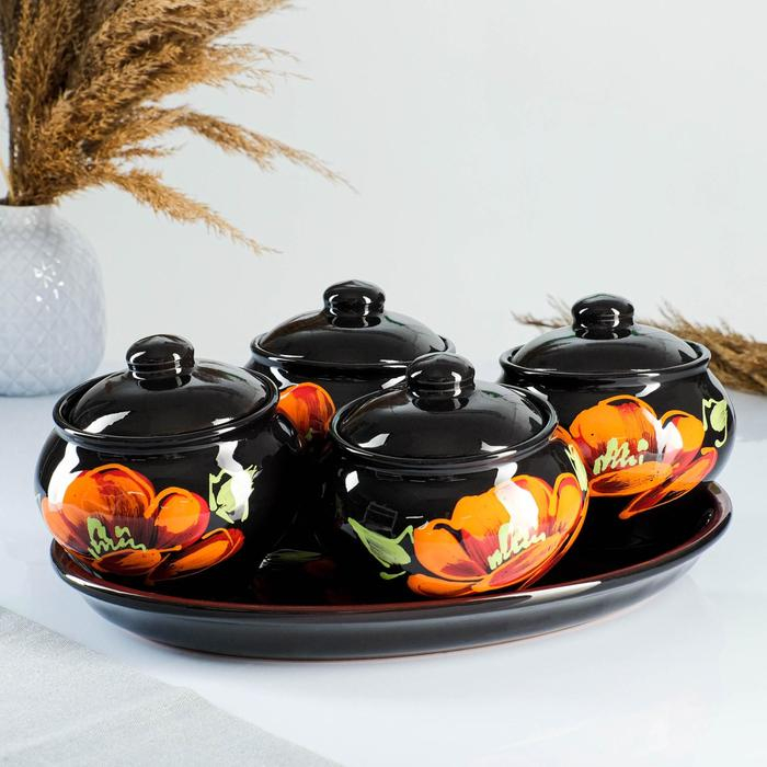 Набор горшков  Набор горшков "Подарочный" 4х0,5л / 34,5х24,5см, мак на черном