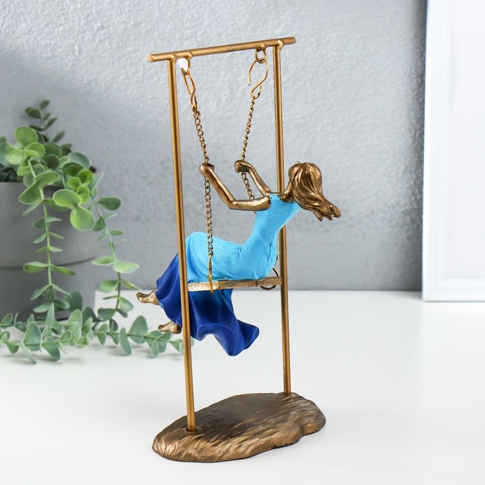 Сувенир полистоун  Сувенир полистоун "Девушка в небесно-голубом платье на качелях" бронза 16х11х26 см