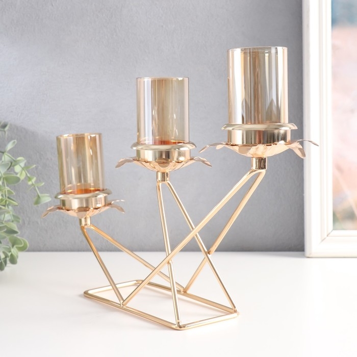 Подсвечник металл, стекло на 3 свечи "Ветви с листиками. Геометрия" d-5 см золото 35х8х26 см   94487
