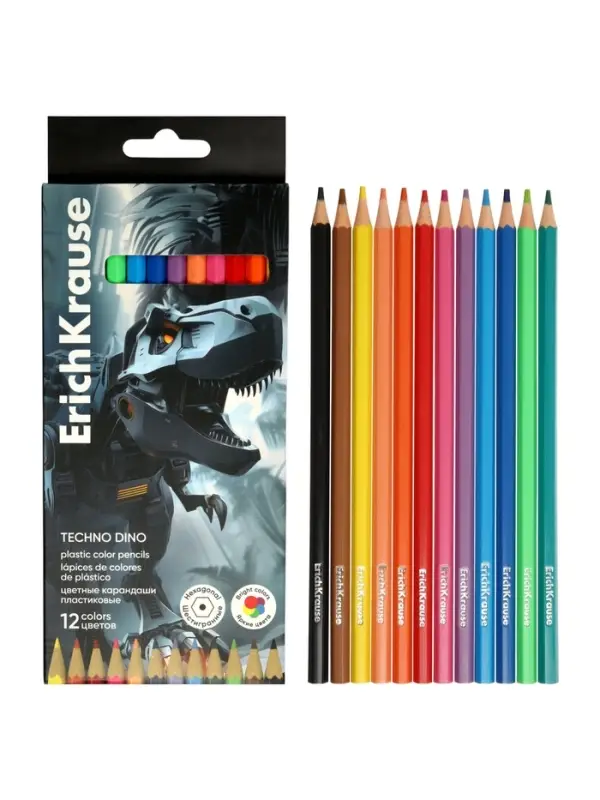 Карандаши 12 цветов, ErichKrause Techno Dino, пластиковые, шестигранные