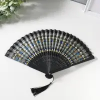 Веер складной с кисточкой &laquo;Греческий орнамент&raquo;, чёрный с золотом, 23 см