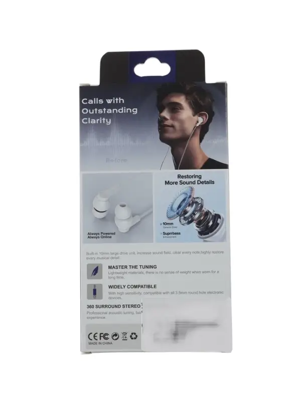 Наушники проводные SY-001, вакуумные, микрофон, Jack 3.5 мм, белые