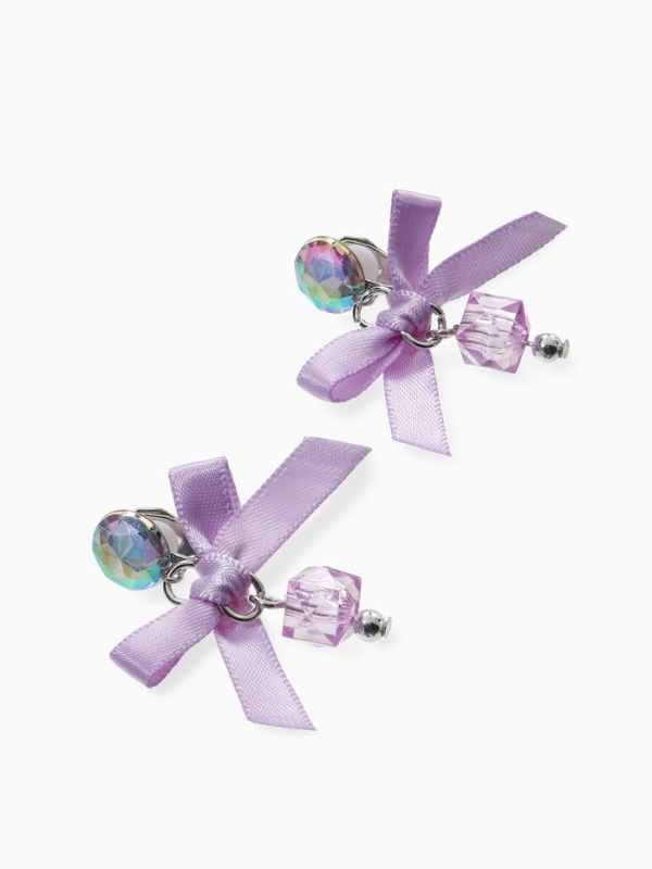 Серьги-клипсы детские  Серьги-клипсы детские "Выбражулька" сердце с бантом и кругом кристалл, цвет сиреневый