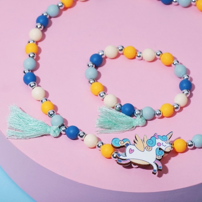 Набор детский «Выбражулька» 2 предмета: бусы, браслет, единорог, с кисточками, цветной Набор детский «Выбражулька» 2 предмета: бусы, браслет, единорог, с кисточками, цветной