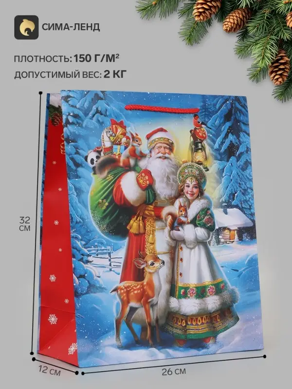 Пакет подарочный &laquo;Дед Мороз и Снегурочка&raquo;, 26&times;12&times;32 см