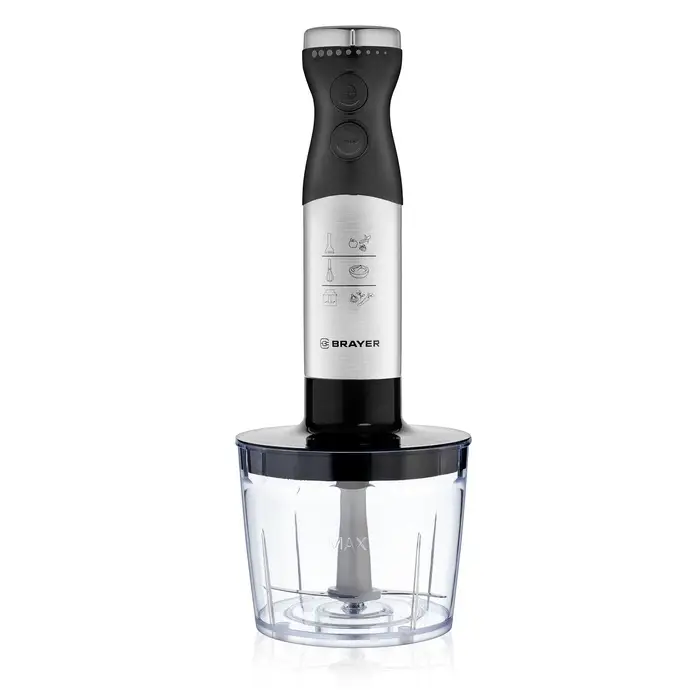 Блендер погружной BRAYER 1244BR, 800 Вт, 4 насадки, стакан 700 мл, чаша 500 мл, чёрный