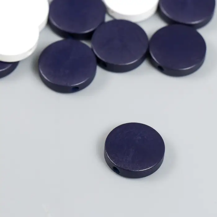 Бусины для творчества дерево "Плоский круг" набор 20 шт белый, тёмно-синий 0,4х1,5х1,5 см